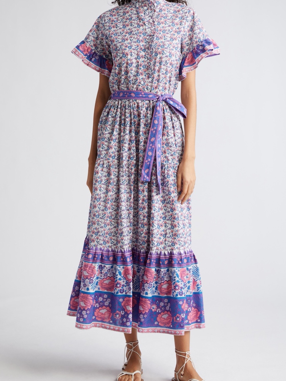 Floral Maxi Dress with Tie Belt - Purple